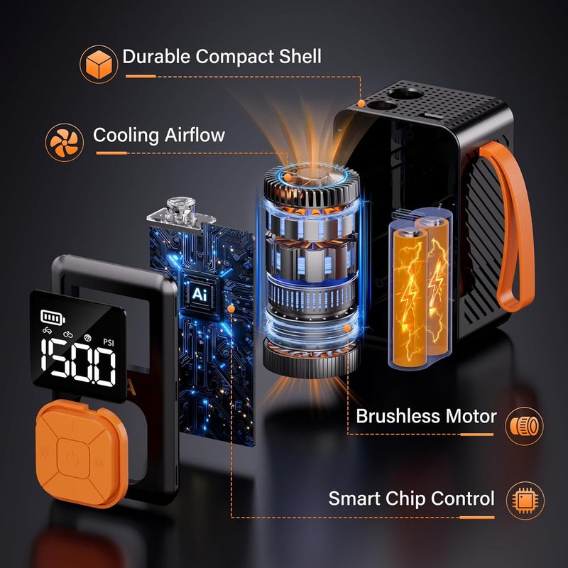 YMXA مضخة دراجة هوائية صغيرة 150 PSI – إيقاف تلقائي ومقياس رقمي، مضخة هواء لإطارات الدراجات للدراجات الهوائية، الدراجات الجبلية، كرات الرياضة – مضخة دراجة هوائية محمولة عالية الضغط - Image 3